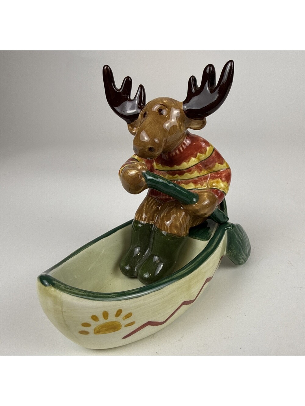 Clay Art Moose in Canoe Salt and Pepper Shakers Set 4" Ceramic Shaker Vintage